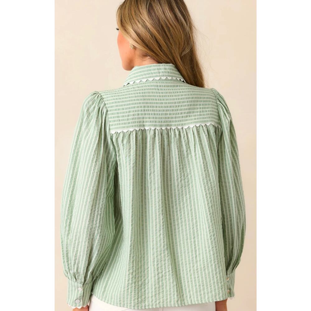 Entro sage green striped blouse L scalloped collar button front cotton blend - Picture 2 of 15